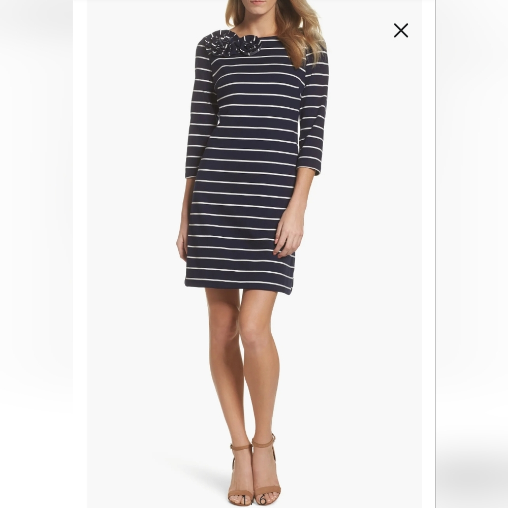 NWT💙-Eliza J.-Knit Navy Blue White Stripes-Mariner dress with Flower Appliqué
